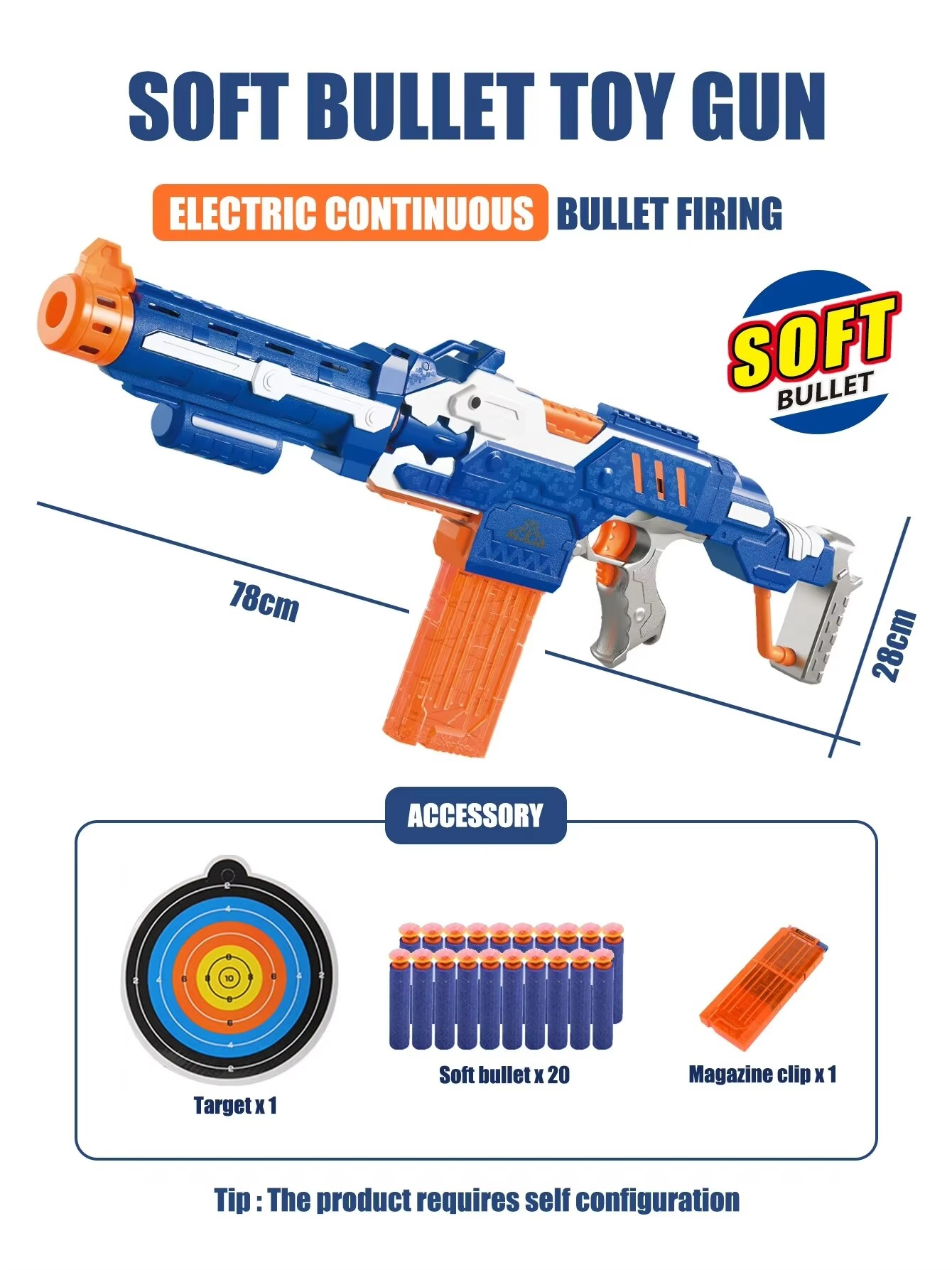 Children's Soft Bullet Toy Gun Submachine Gun With 20 Soft Bullets and 1 Farget Boy's Birthday Gift
