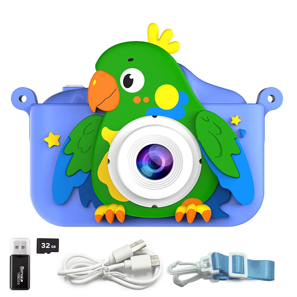 Children’s 1080P Digital Camera with 2" Screen – Cartoon Parrot Toy, 32GB Gift for Kids