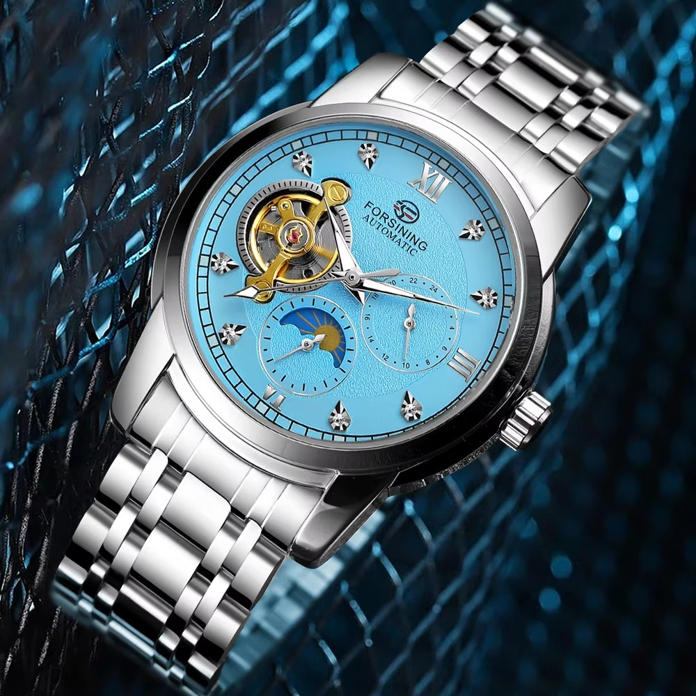 Forsining Men's Fashion Luxury Business Metal Strap Tourbillon Luminous Automatic Mechanical Watch Artificial Diamond Wristwatch