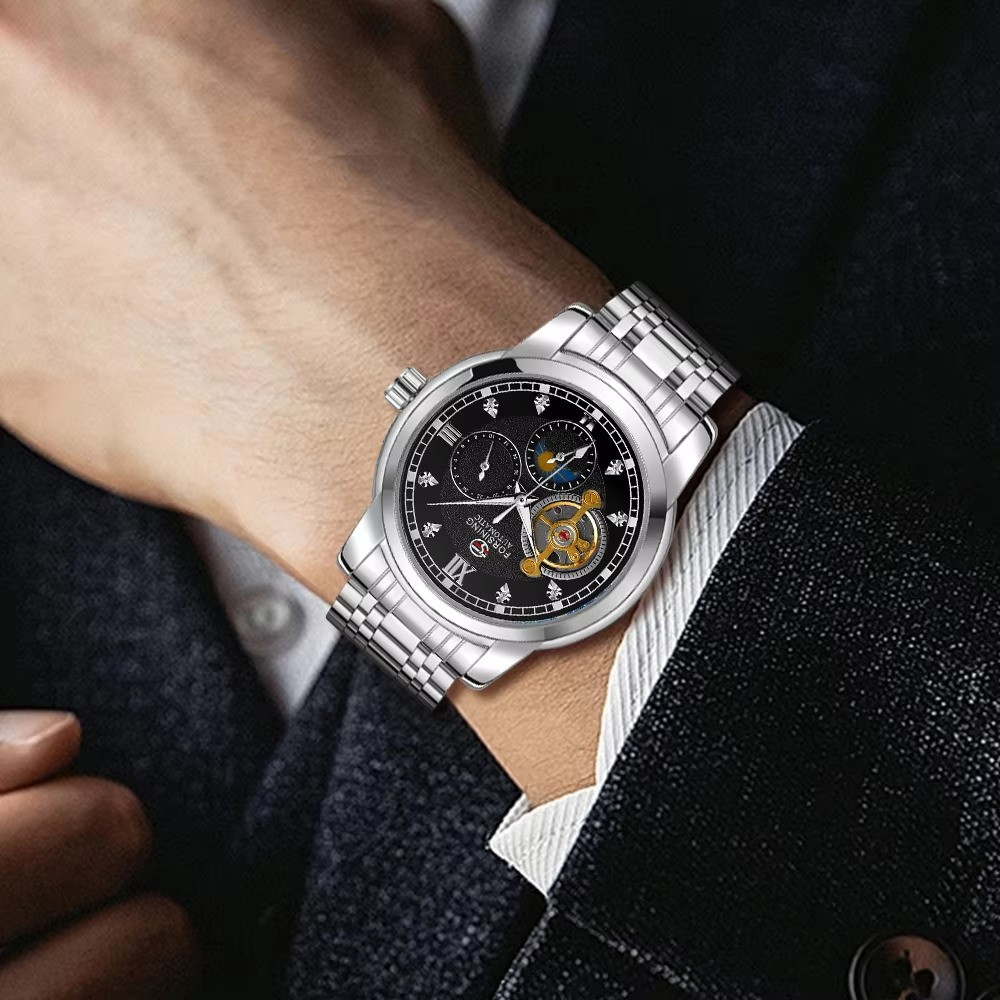 Forsining Men's Fashion Luxury Business Metal Strap Tourbillon Luminous Automatic Mechanical Watch Artificial Diamond Wristwatch