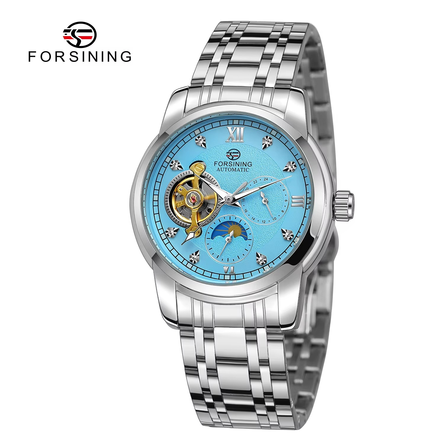 Forsining Men's Fashion Luxury Business Metal Strap Tourbillon Luminous Automatic Mechanical Watch Artificial Diamond Wristwatch