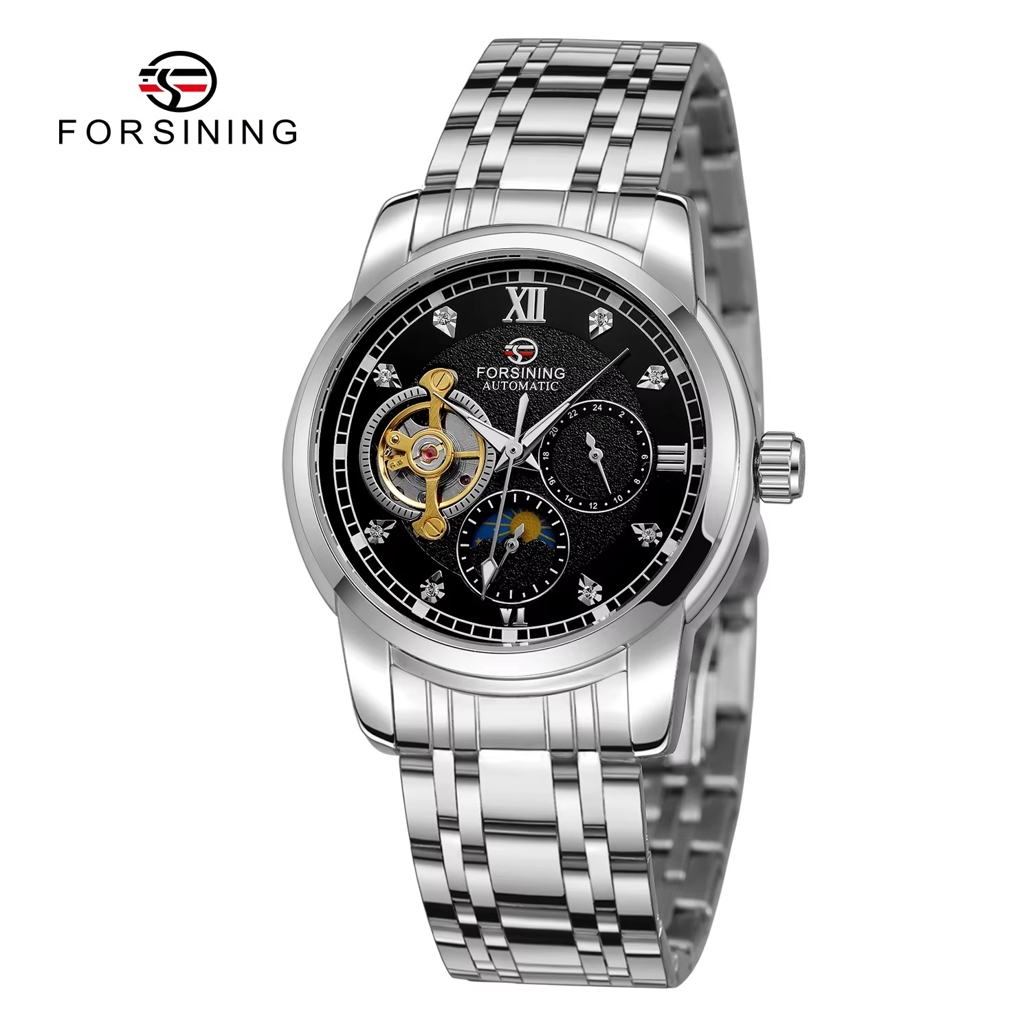 Forsining Men's Fashion Luxury Business Metal Strap Tourbillon Luminous Automatic Mechanical Watch Artificial Diamond Wristwatch