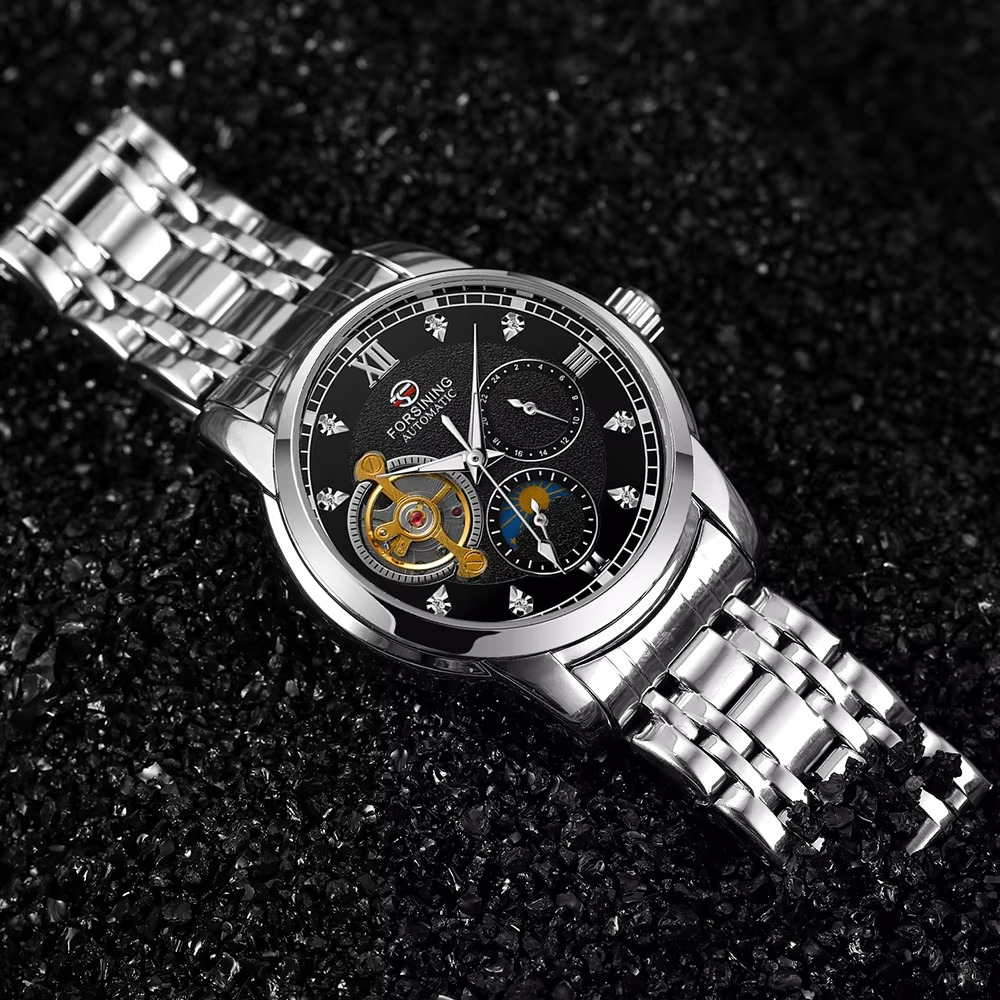 Forsining Men's Fashion Luxury Business Metal Strap Tourbillon Luminous Automatic Mechanical Watch Artificial Diamond Wristwatch