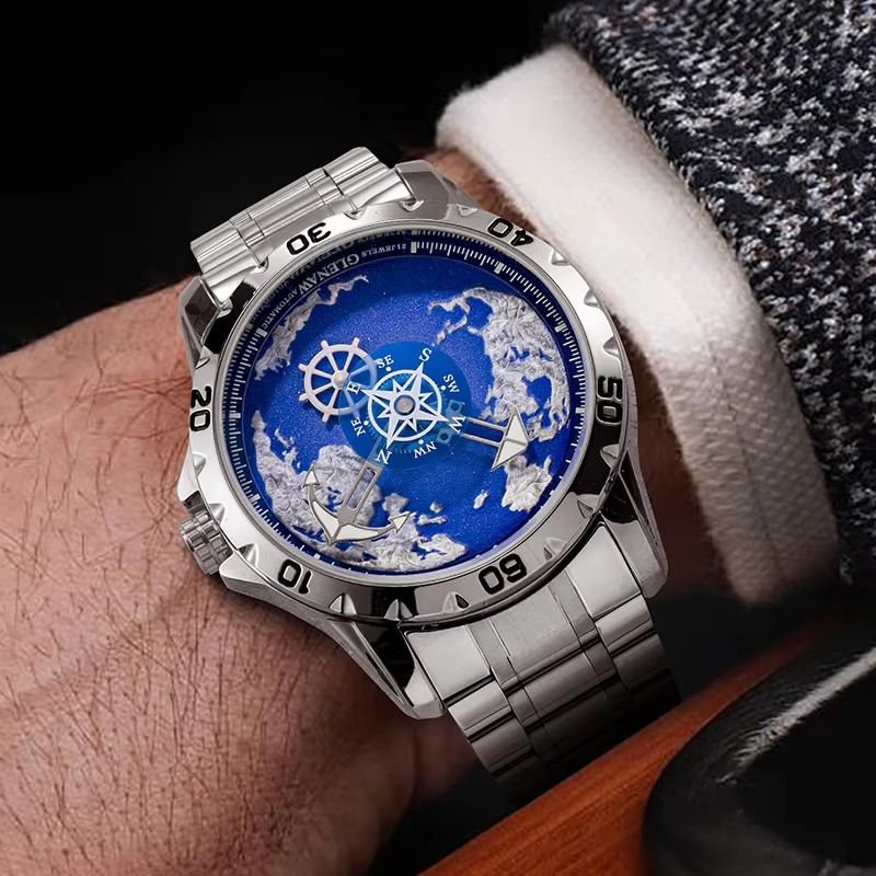 GLENAW Top Brand Mens Luxury Watch Stainless Steel Luminous Clock Casual Chic Waterproof Outdoor Sport Watch Relogio Masculino