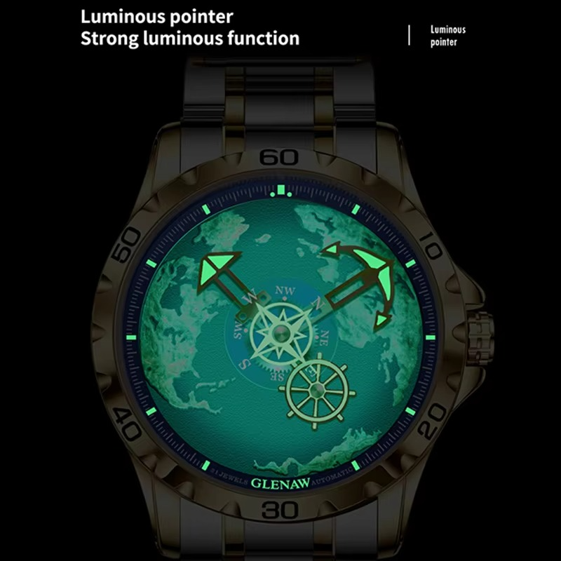 GLENAW Top Brand Mens Luxury Watch Stainless Steel Luminous Clock Casual Chic Waterproof Outdoor Sport Watch Relogio Masculino