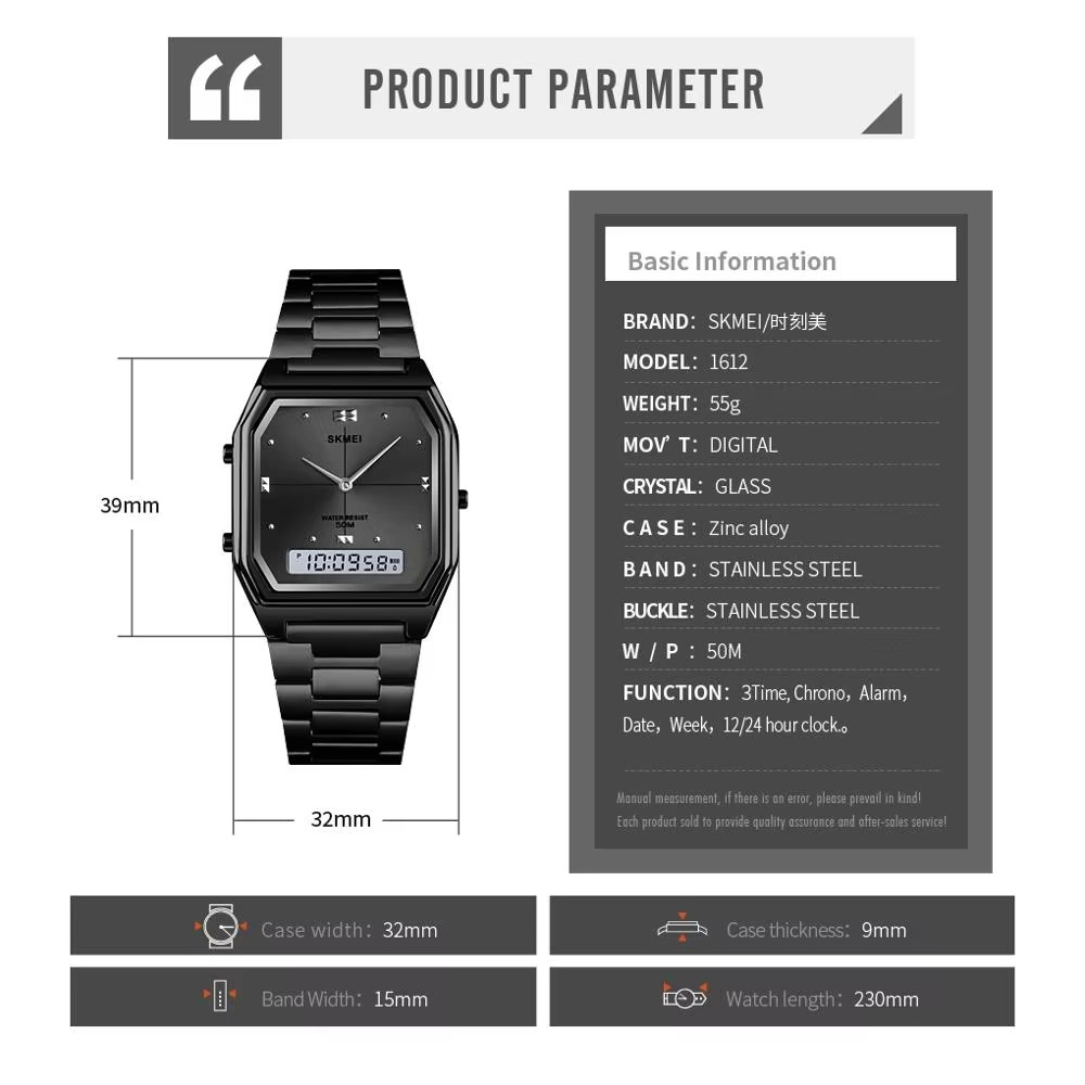 SKMEI 1612 Waterproof Stainless Steel Strip Digital Wristwatches For Men Women Alarm 3 Time Chrono Watches Electronics Watch