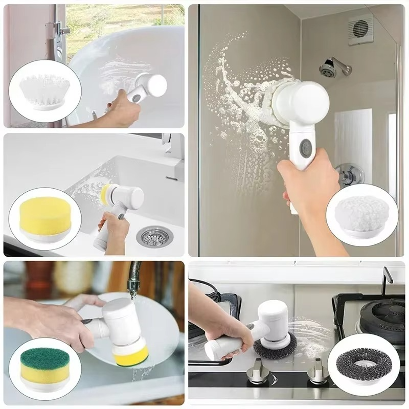 2025 Electric Spin Scrubber Cordless Spin Scrubber with 5 Replaceable Brush Heads and Adjustable Extension Handle