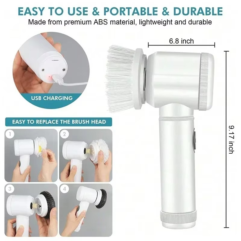 2025 Electric Spin Scrubber Cordless Spin Scrubber with 5 Replaceable Brush Heads and Adjustable Extension Handle