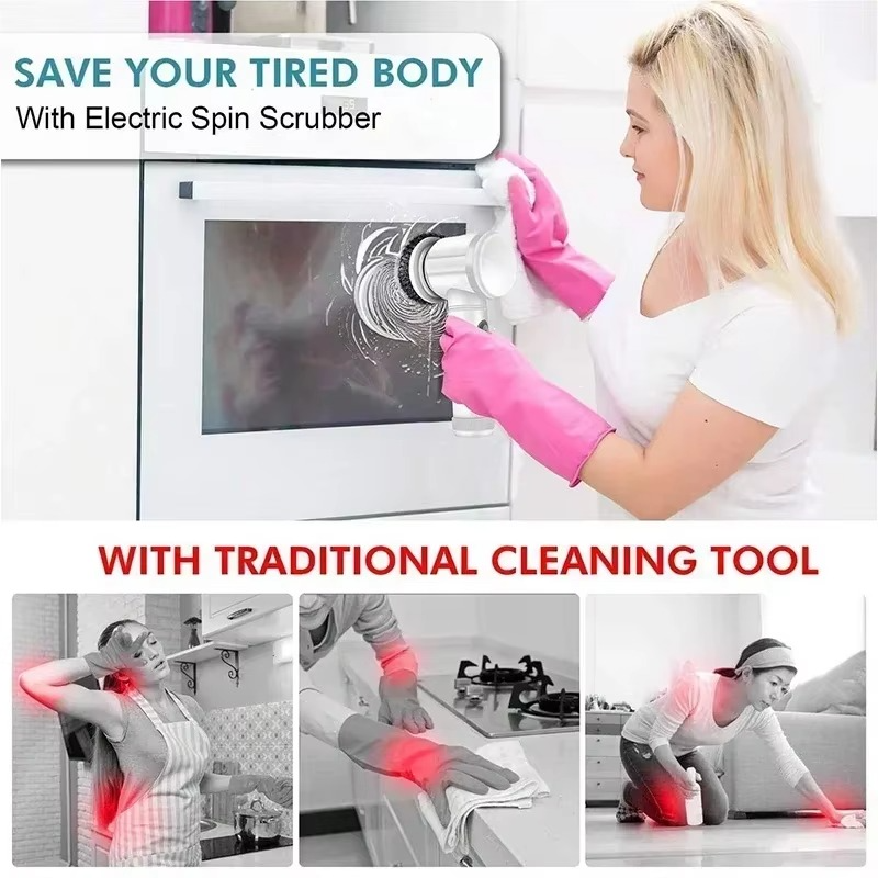 2025 Electric Spin Scrubber Cordless Spin Scrubber with 5 Replaceable Brush Heads and Adjustable Extension Handle