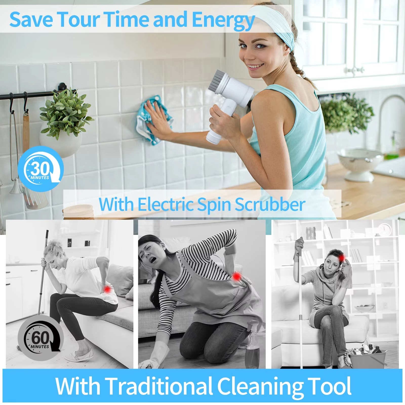 Portable Electric Spin Scrubber Cordless Power Scrubber with Replaceable Heads Electric Cleaning Brush for Bathroom/Sink/Window