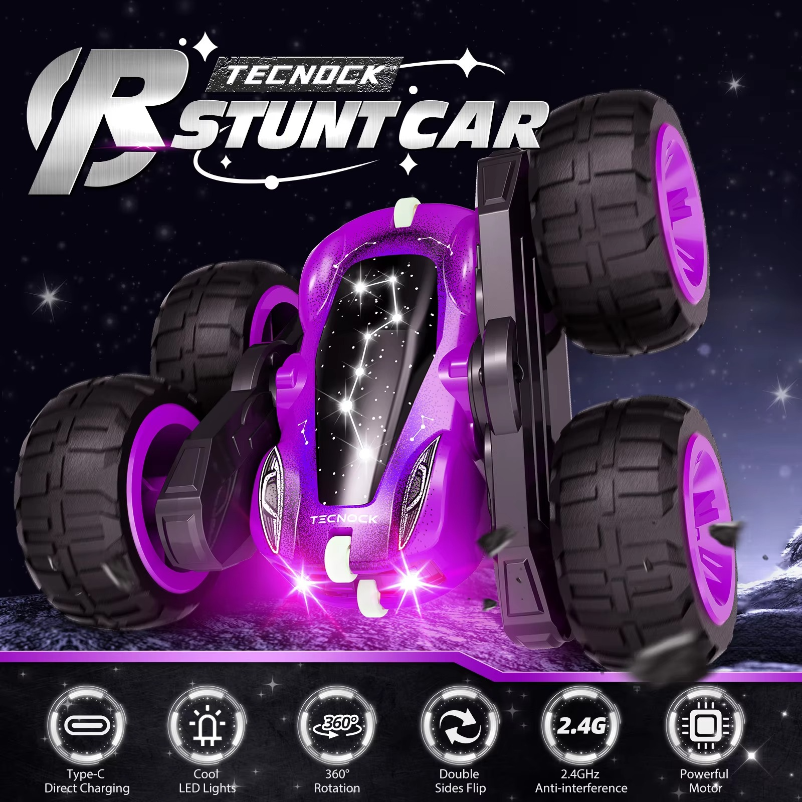 Remote Control Car with Lights, Type-C Fast Charging, 2.4GHz Double Sided Flips RC Cars, 360° Rotates RC Stunt Car Toys for Kids
