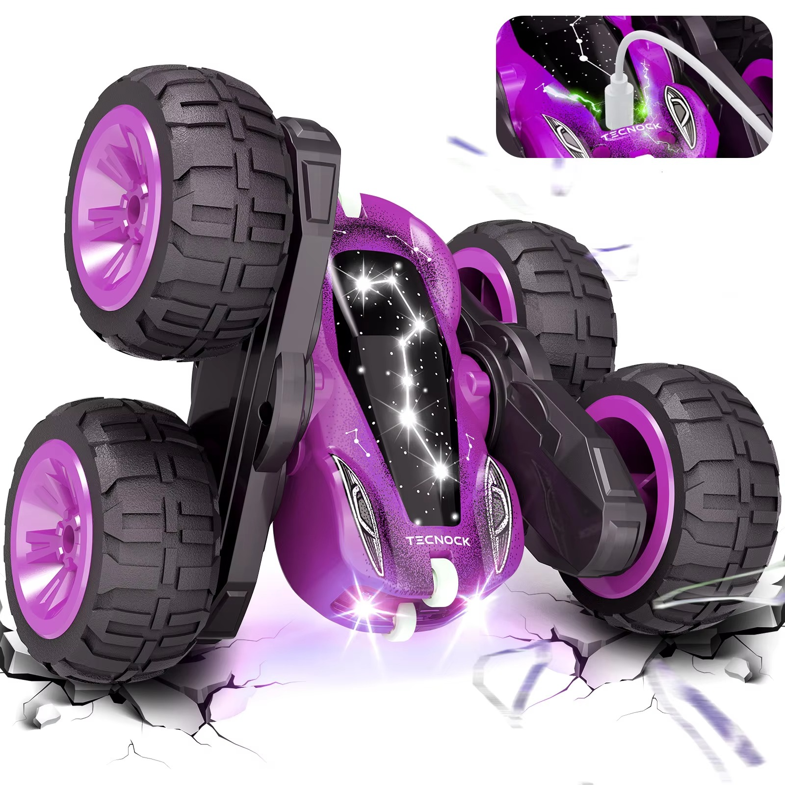 Remote Control Car with Lights, Type-C Fast Charging, 2.4GHz Double Sided Flips RC Cars, 360° Rotates RC Stunt Car Toys for Kids