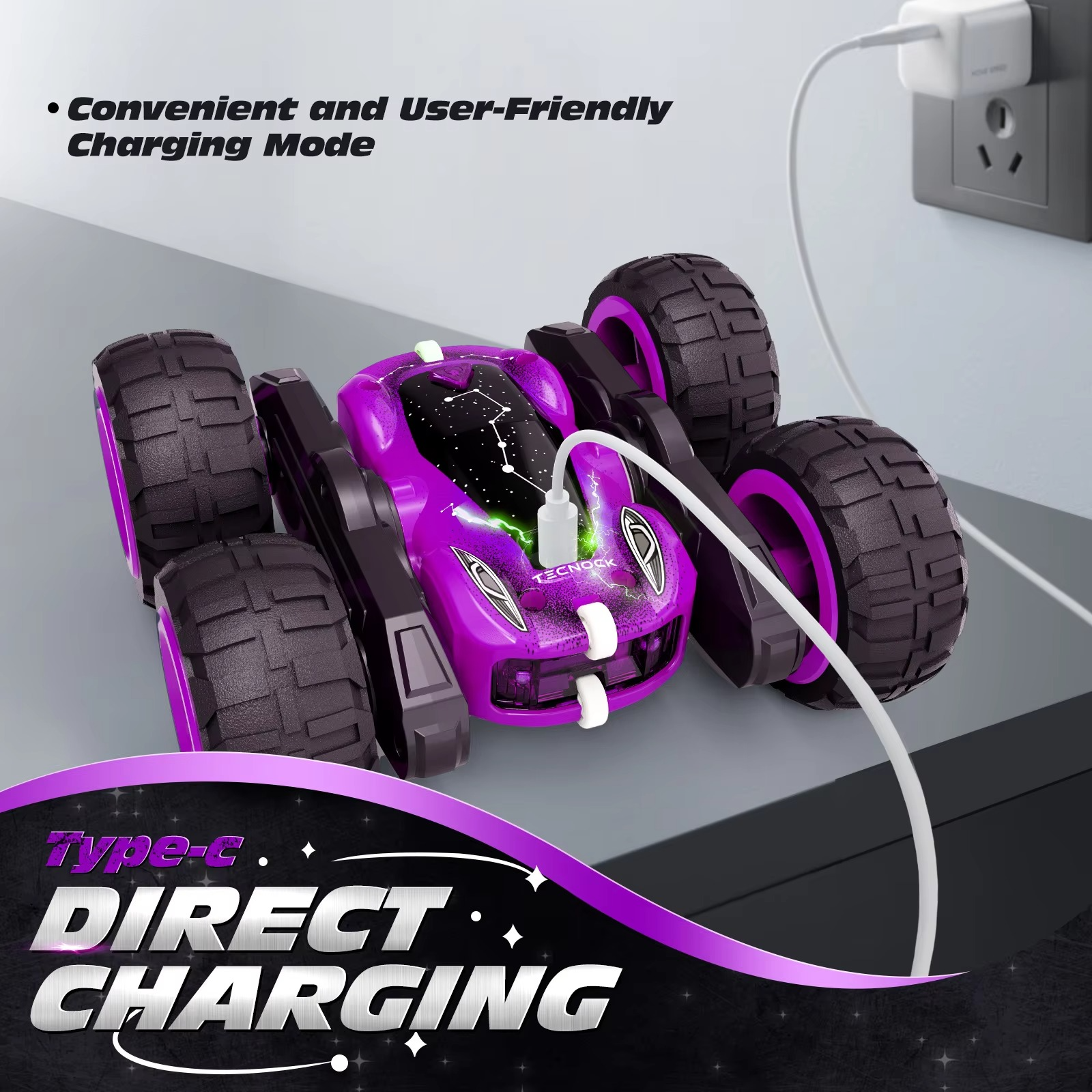 Remote Control Car with Lights, Type-C Fast Charging, 2.4GHz Double Sided Flips RC Cars, 360° Rotates RC Stunt Car Toys for Kids