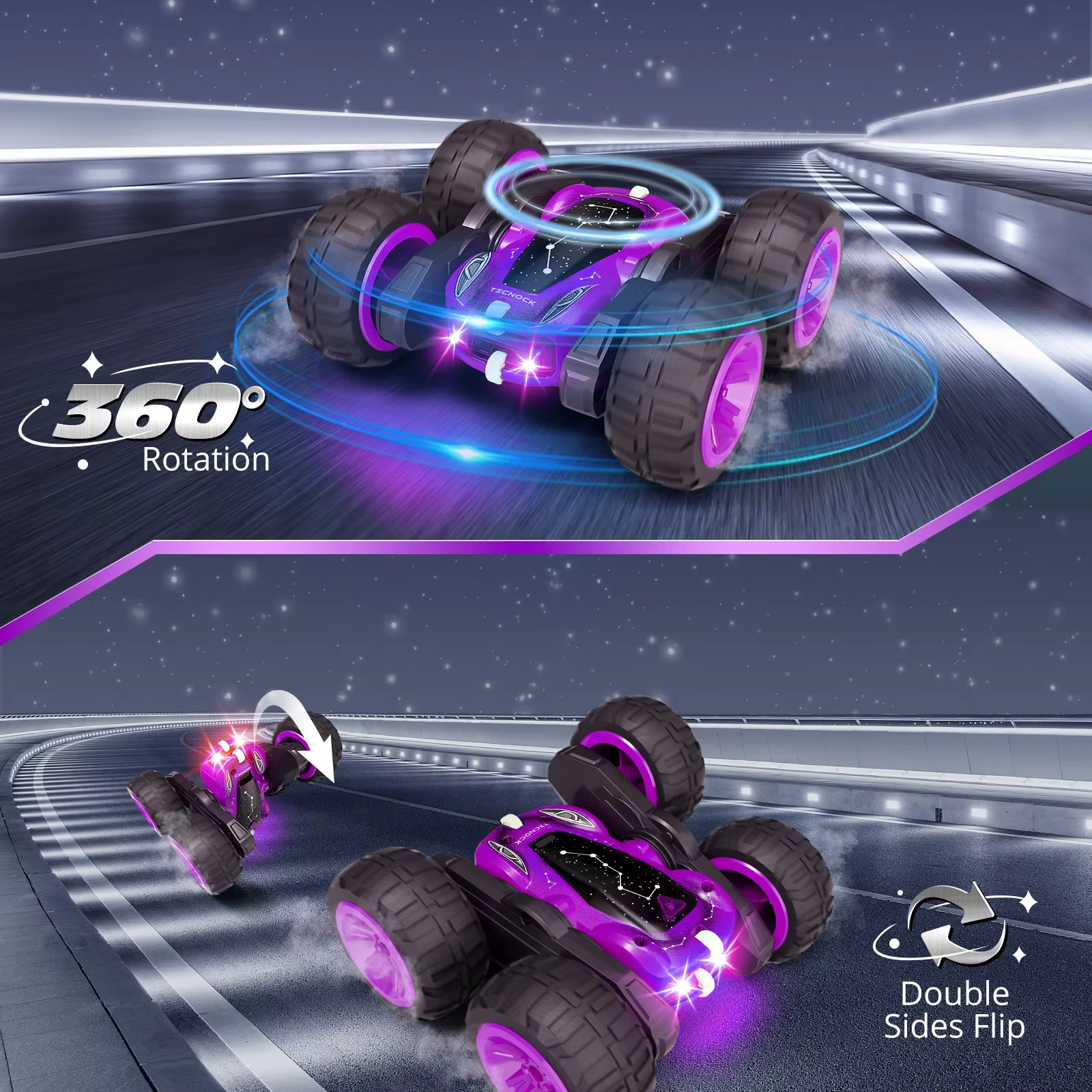 Remote Control Car with Lights, Type-C Fast Charging, 2.4GHz Double Sided Flips RC Cars, 360° Rotates RC Stunt Car Toys for Kids