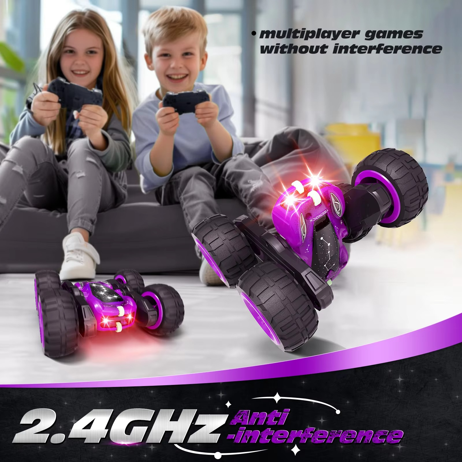 Remote Control Car with Lights, Type-C Fast Charging, 2.4GHz Double Sided Flips RC Cars, 360° Rotates RC Stunt Car Toys for Kids