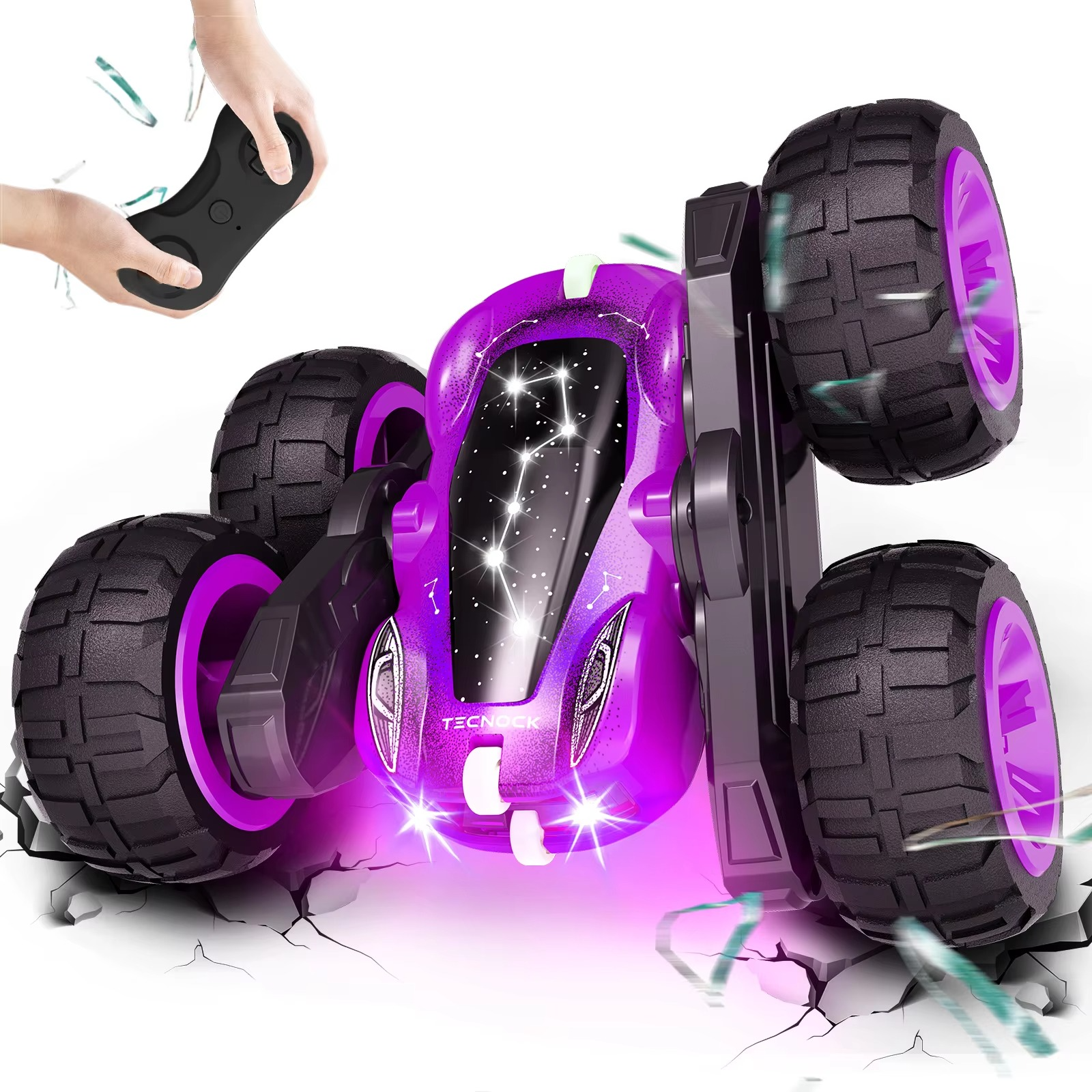 Remote Control Car with Lights, Type-C Fast Charging, 2.4GHz Double Sided Flips RC Cars, 360° Rotates RC Stunt Car Toys for Kids
