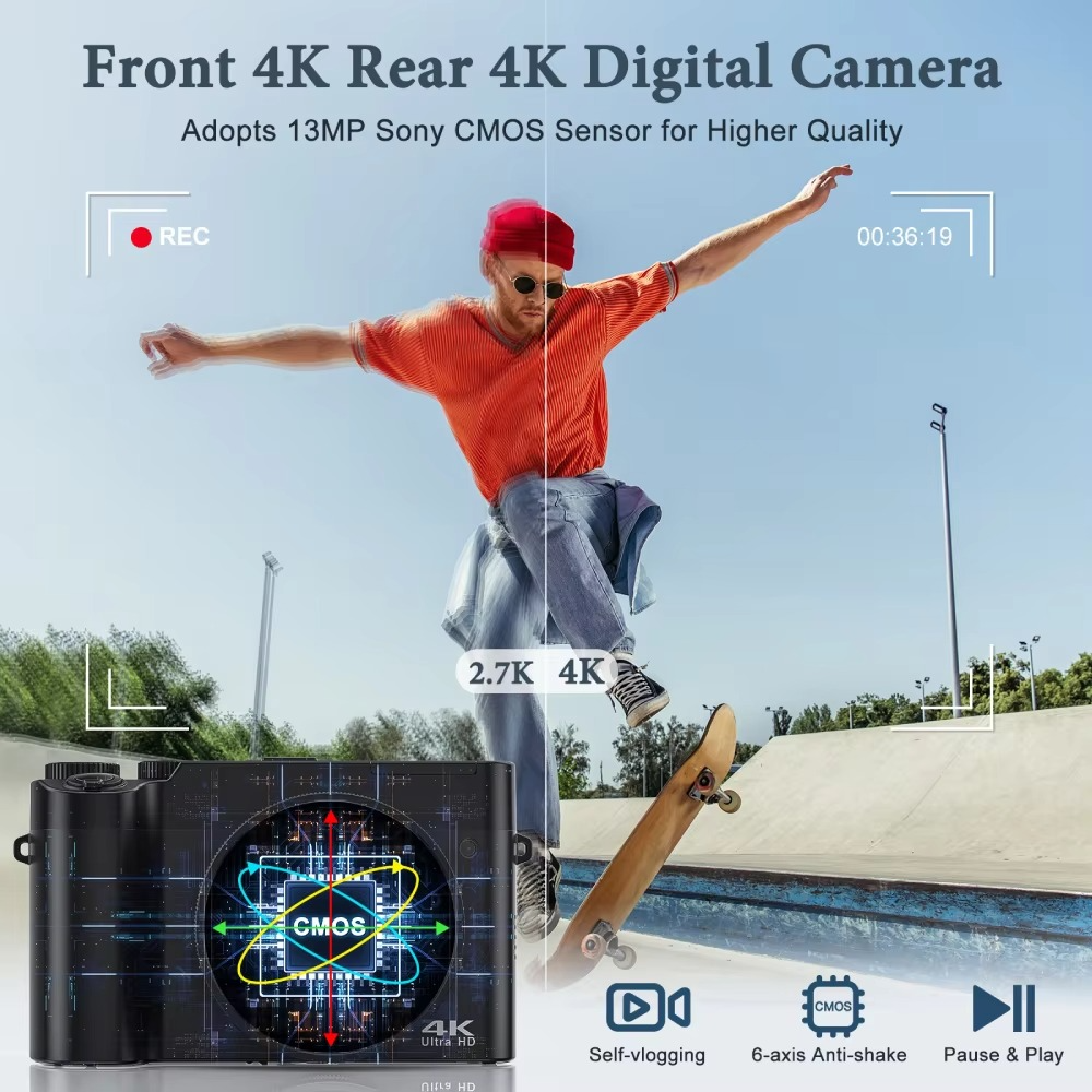 4K 64MP Vlogging Camera – Autofocus Dual Lens with 6-Axis Stabilization for YouTube