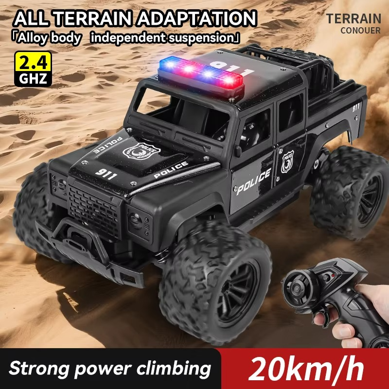 Alloy 1:16 scale remote-controlled off-road police car, alarm music, four-wheel drive, drift, shock absorber