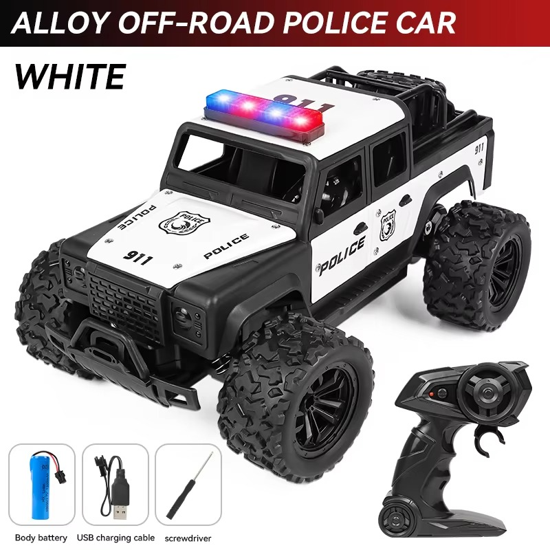 Alloy 1:16 scale remote-controlled off-road police car, alarm music, four-wheel drive, drift, shock absorber