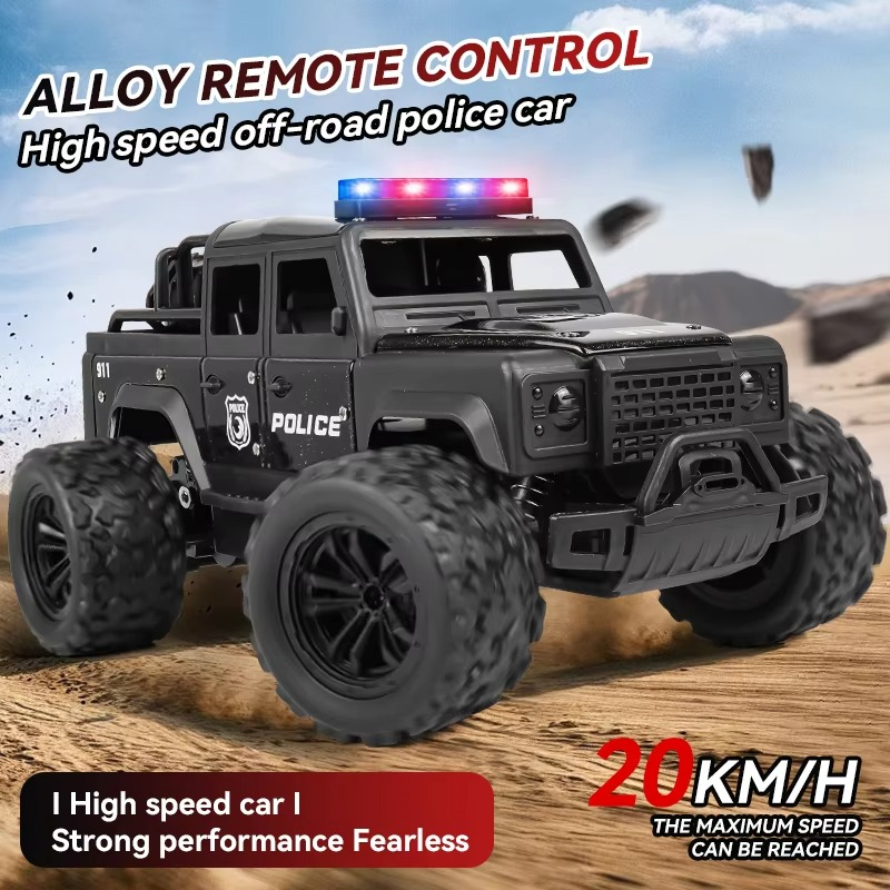 Alloy 1:16 scale remote-controlled off-road police car, alarm music, four-wheel drive, drift, shock absorber