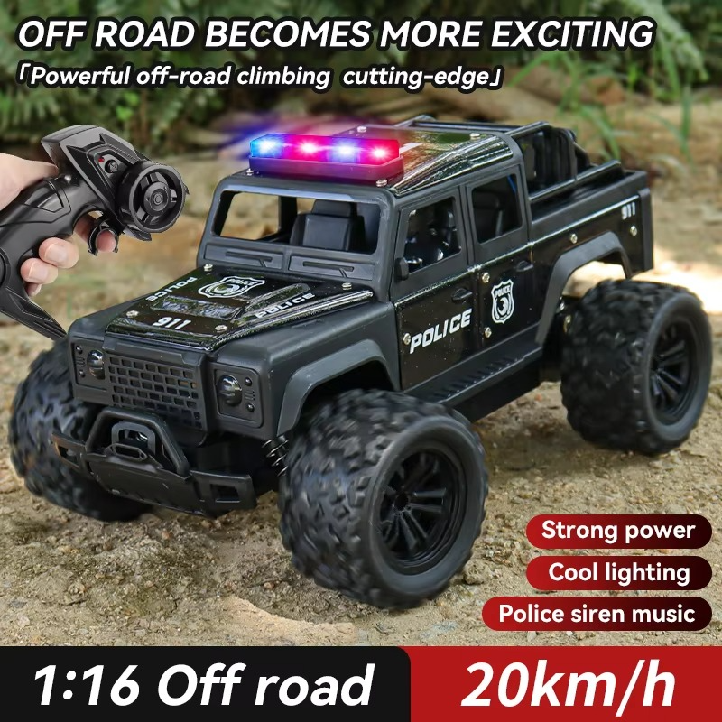 Alloy 1:16 scale remote-controlled off-road police car, alarm music, four-wheel drive, drift, shock absorber