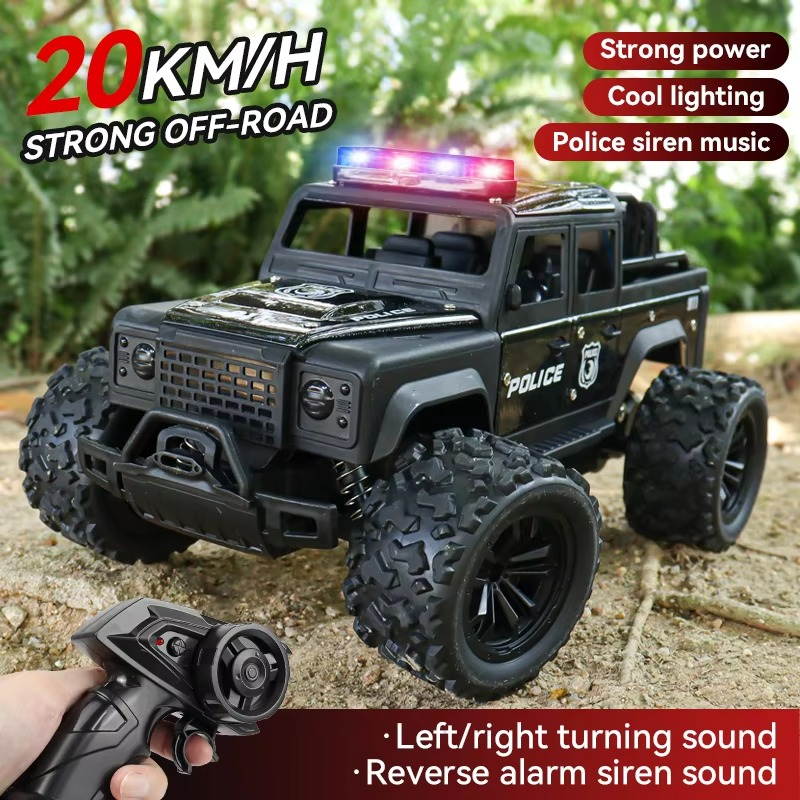 Alloy 1:16 scale remote-controlled off-road police car, alarm music, four-wheel drive, drift, shock absorber