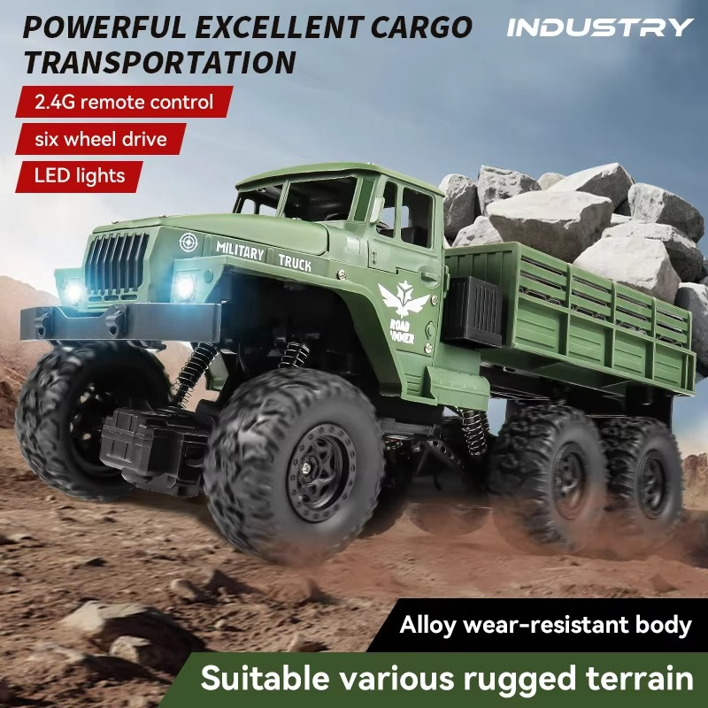 ZWN 1:16 2.4G Aluminum Alloy Six Wheel Military RC Truck with Lights Outdoor Remote Control Cars Toys Gift for Children.
