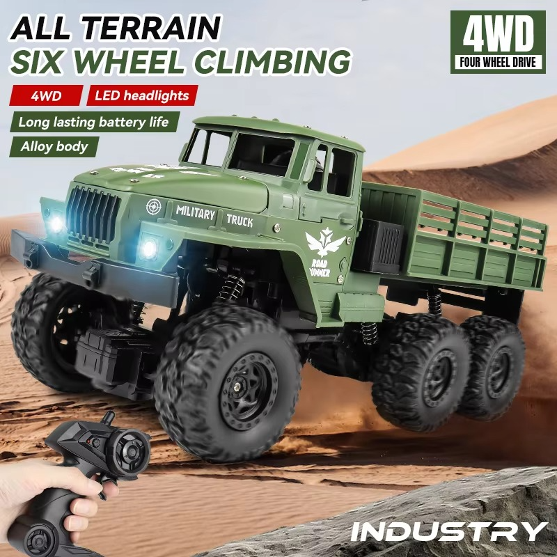 ZWN 1:16 2.4G Aluminum Alloy Six Wheel Military RC Truck with Lights Outdoor Remote Control Cars Toys Gift for Children.