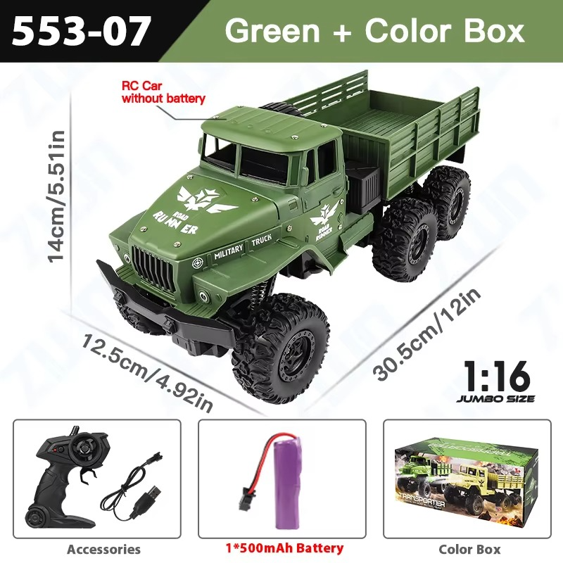 ZWN 1:16 2.4G Aluminum Alloy Six Wheel Military RC Truck with Lights Outdoor Remote Control Cars Toys Gift for Children.
