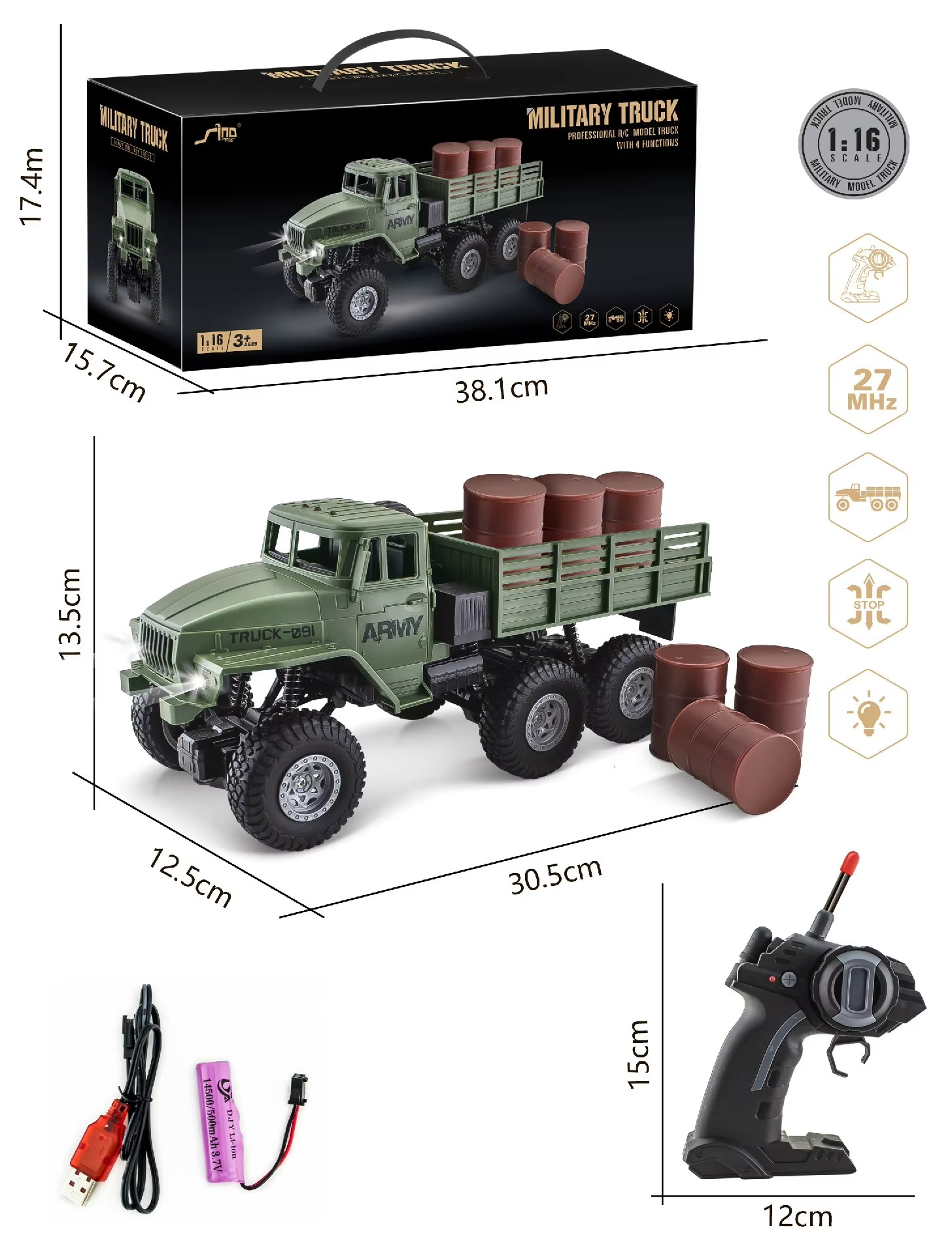 RC Military Truck 6x6 Road Remote Control Car 1/16 Scale Remote Control Truck 4WD All Terrain Rock Army Transport Vehicle Toy Ve