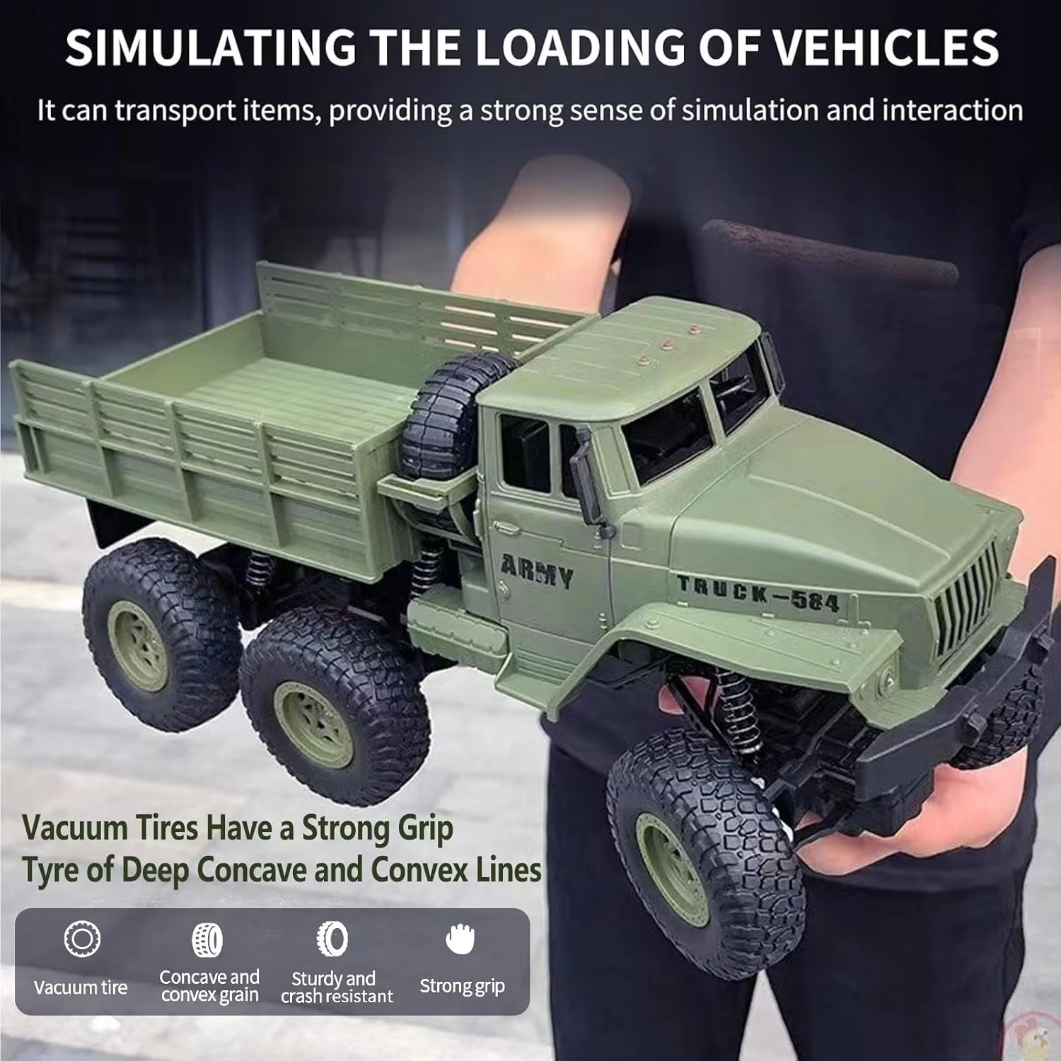 RC Military Truck 6x6 Road Remote Control Car 1/16 Scale Remote Control Truck 4WD All Terrain Rock Army Transport Vehicle Toy Ve