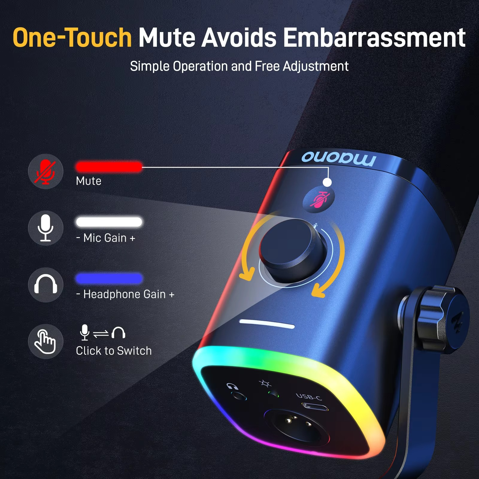 MAONO PD100X Dynamic Microphone.Software Noise Reduction Included.RGB gaming mic.Enhances gaming experience.Ideal for recording