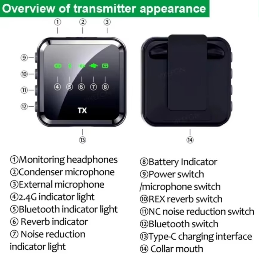 Bluetooth Audio Video Voice Recording Mic Wireless Lavalier Microphone System for iPhone Android Mobile Phone Interview Camera