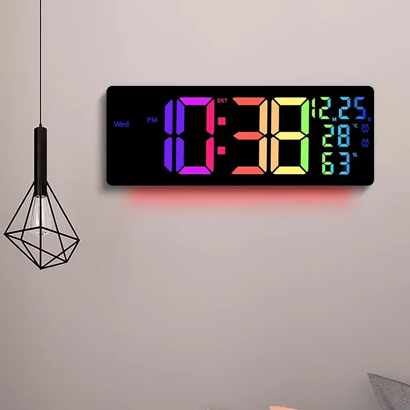17" Large Digital Wall Clock 11Colors Dispaly & Dynamic RGB LED Clocks Temp Date Week Display Remote Control Dual Alarms Clock