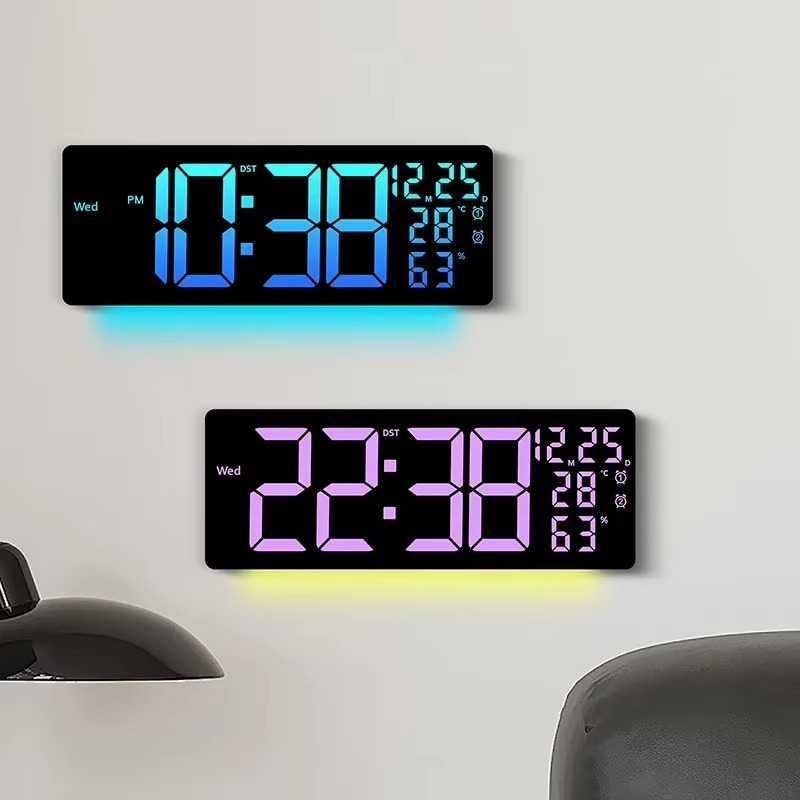17" Large Digital Wall Clock 11Colors Dispaly & Dynamic RGB LED Clocks Temp Date Week Display Remote Control Dual Alarms Clock