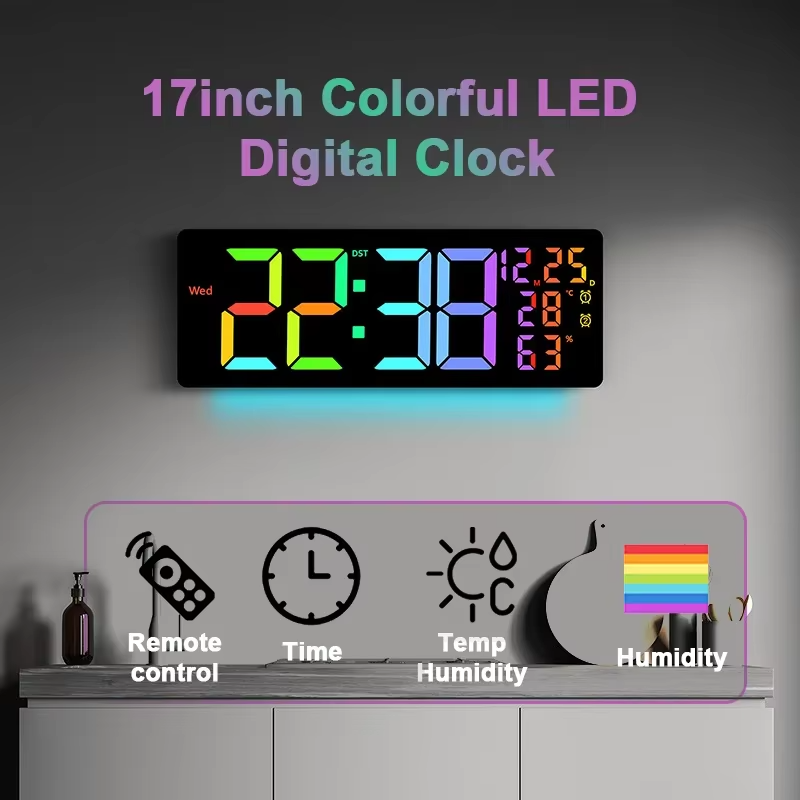 17" Large Digital Wall Clock 11Colors Dispaly & Dynamic RGB LED Clocks Temp Date Week Display Remote Control Dual Alarms Clock