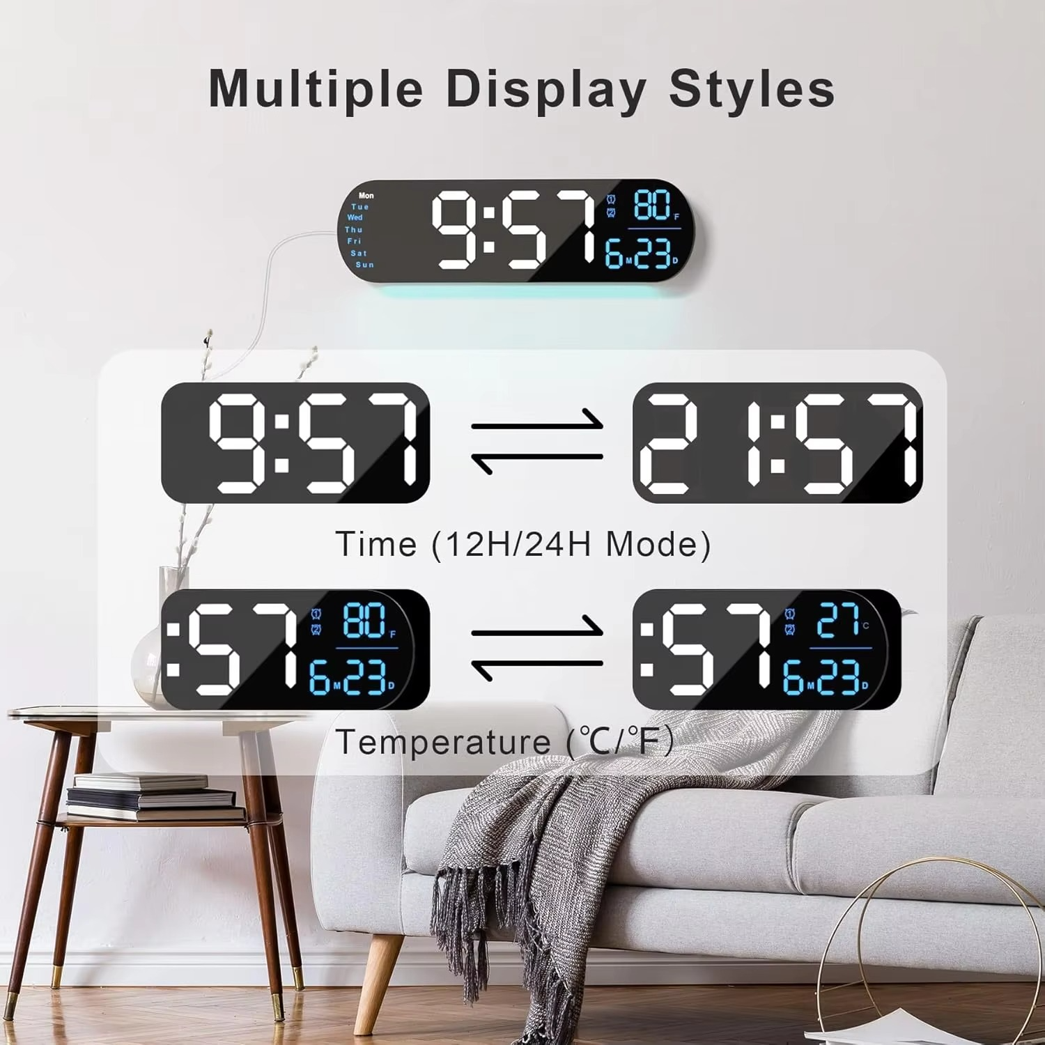 Digital Wall Clock Large Display,13.7 inch Large Digital Wall Clock with RGB Color Changing Remote Control,Auto DST, Date Week