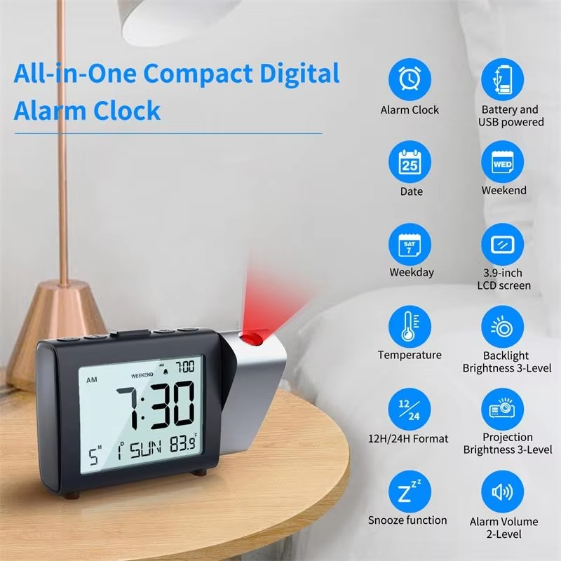2025 LED Digital Projection Alarm Clock Table Electronic Alarm Clock with Projection Time Projector Bedroom Bedside Clock