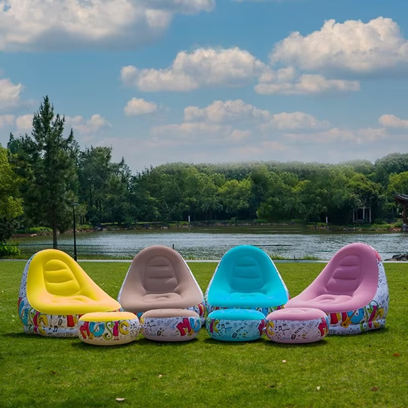 Lazy Sofa Inflatable PVC Flocking Foldable Recliner Outdoor Convenient Lying Chair with Footstool Plush Sofa Beach Park Air Bed