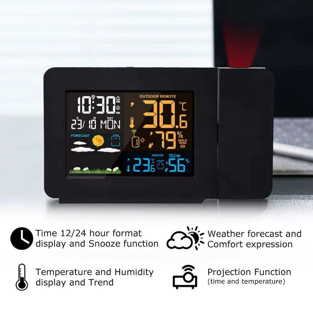 FanJu Digital Alarm Clock Weather Station LED Temperature Humidity Weather Forecast Snooze Table Clock With Time Projection
