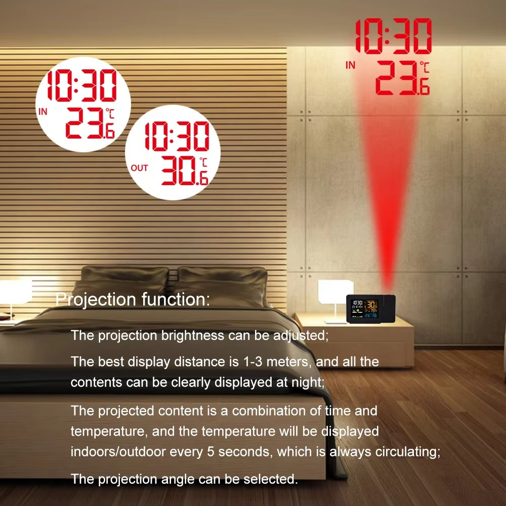 FanJu Digital Alarm Clock Weather Station LED Temperature Humidity Weather Forecast Snooze Table Clock With Time Projection