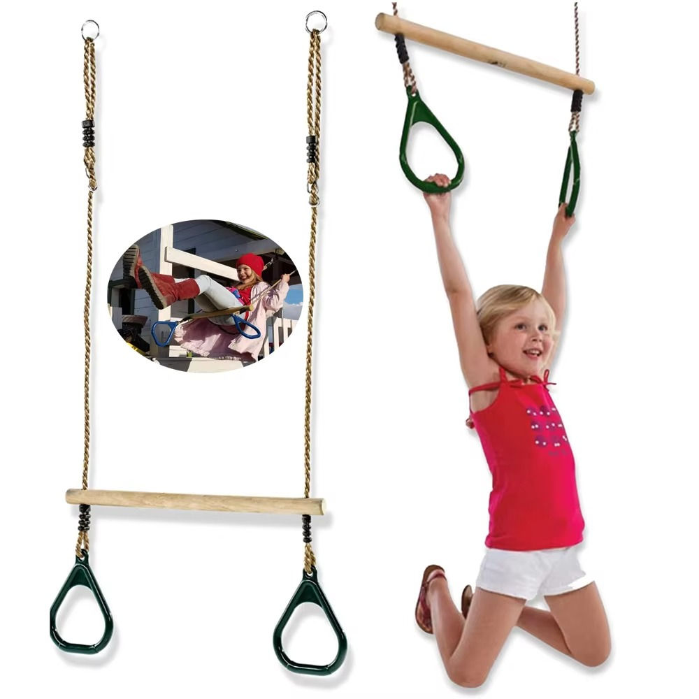 Wooden Trapeze with Plastic Gym Rings Outdoor Indoor Playground 2 in 1 Swing Set Accessories for Kids