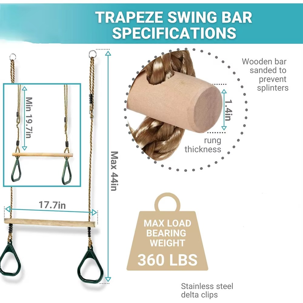 Wooden Trapeze with Plastic Gym Rings Outdoor Indoor Playground 2 in 1 Swing Set Accessories for Kids