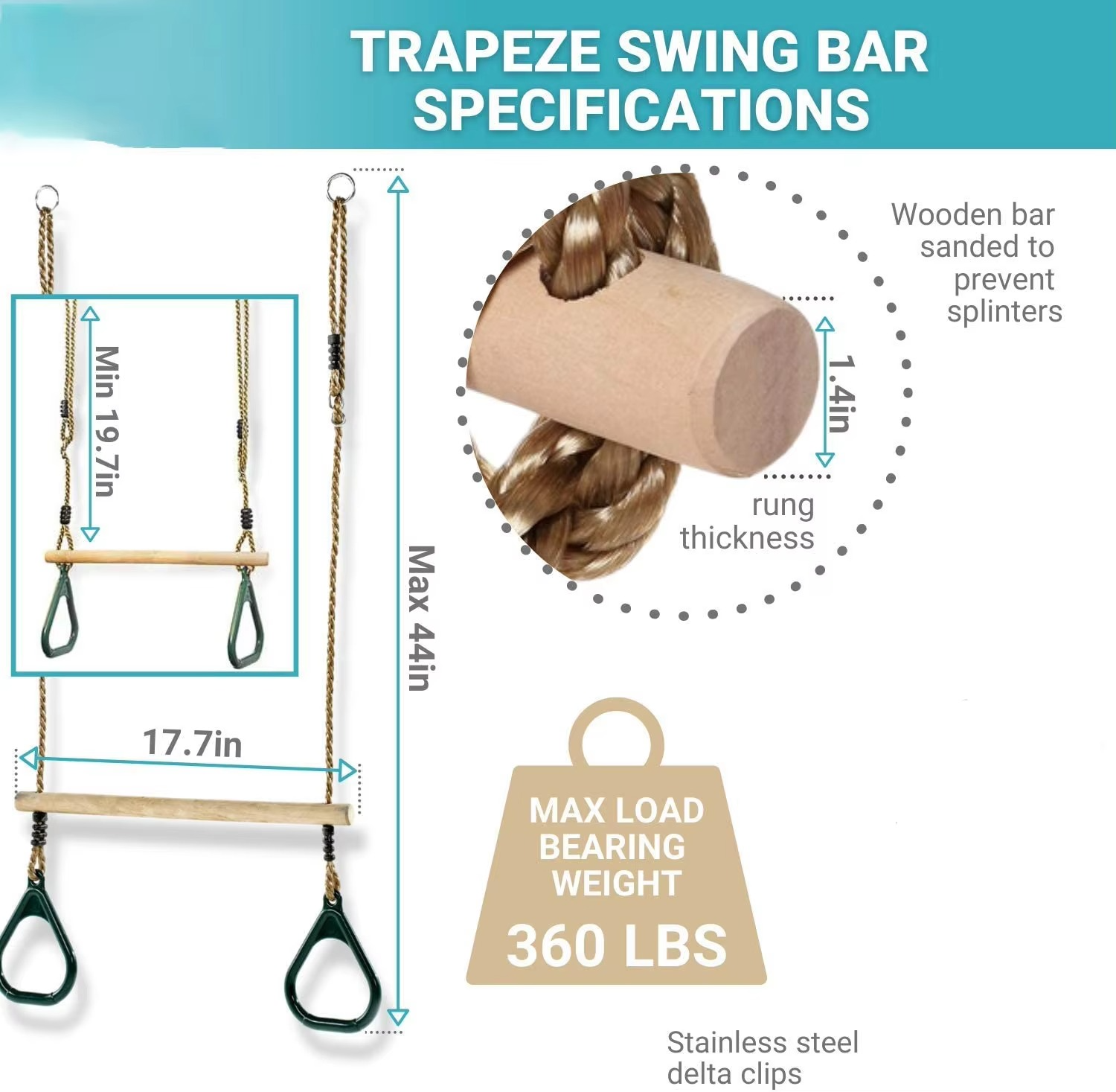 Wooden Trapeze with Plastic Gym Rings Outdoor Indoor Playground 2 in 1 Swing Set Accessories for Kids
