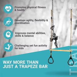 Wooden Trapeze with Plastic Gym Rings Outdoor Indoor Playground 2 in 1 Swing Set Accessories for Kids