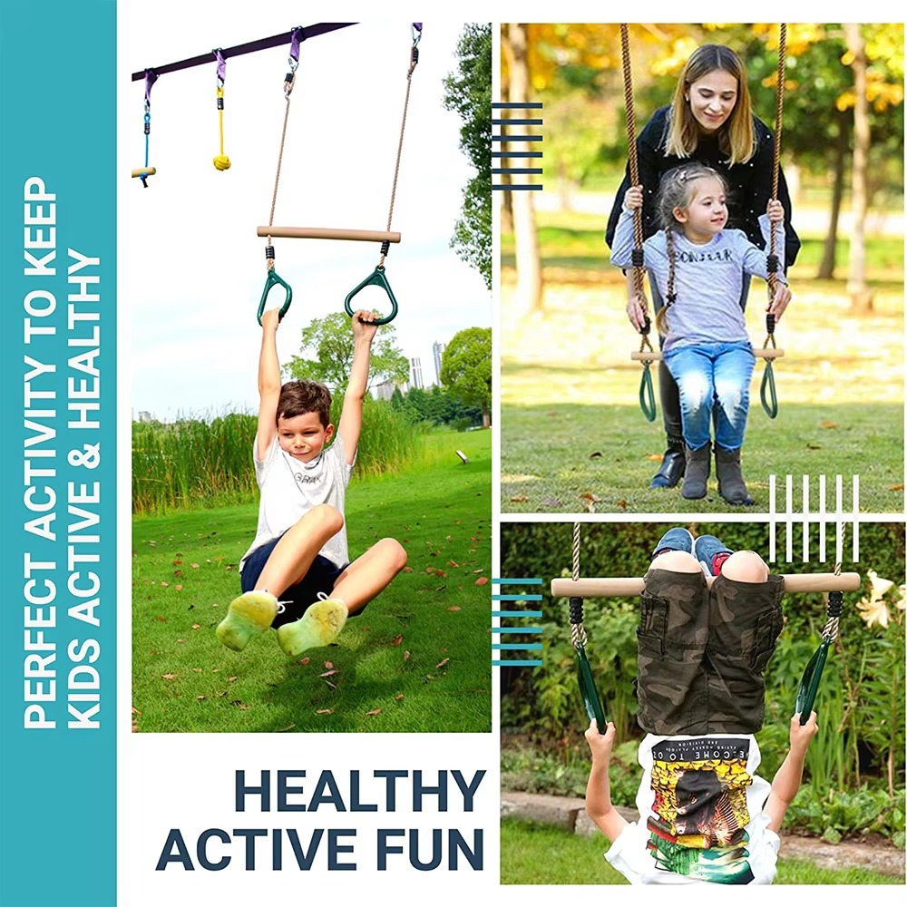 Wooden Trapeze with Plastic Gym Rings Outdoor Indoor Playground 2 in 1 Swing Set Accessories for Kids