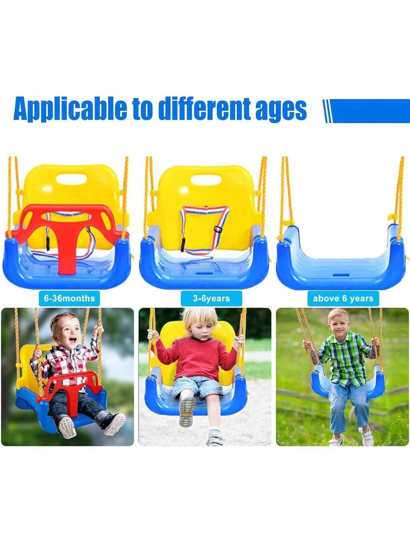 NEW 3-in-1 Toddler Swing Seat Baby Swing Seat with Adjustable Ropes Snap Hooks