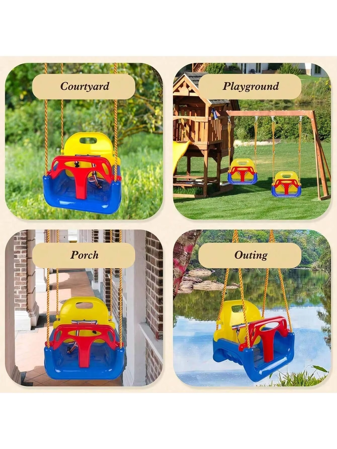 NEW 3-in-1 Toddler Swing Seat Baby Swing Seat with Adjustable Ropes Snap Hooks
