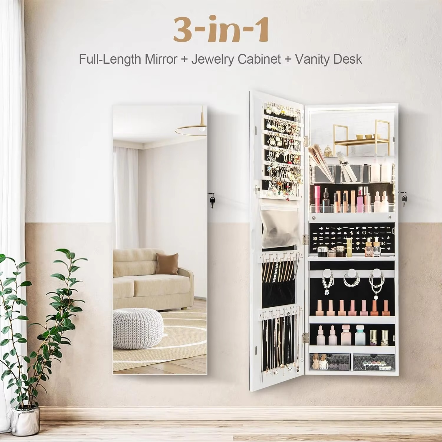 Mirror Jewelry Cabinet, Wall/Door Mounted Lockable Jewelry Armoire Organizer w/Full-Length Mirror, Built-in Mirror & Lights, Fol