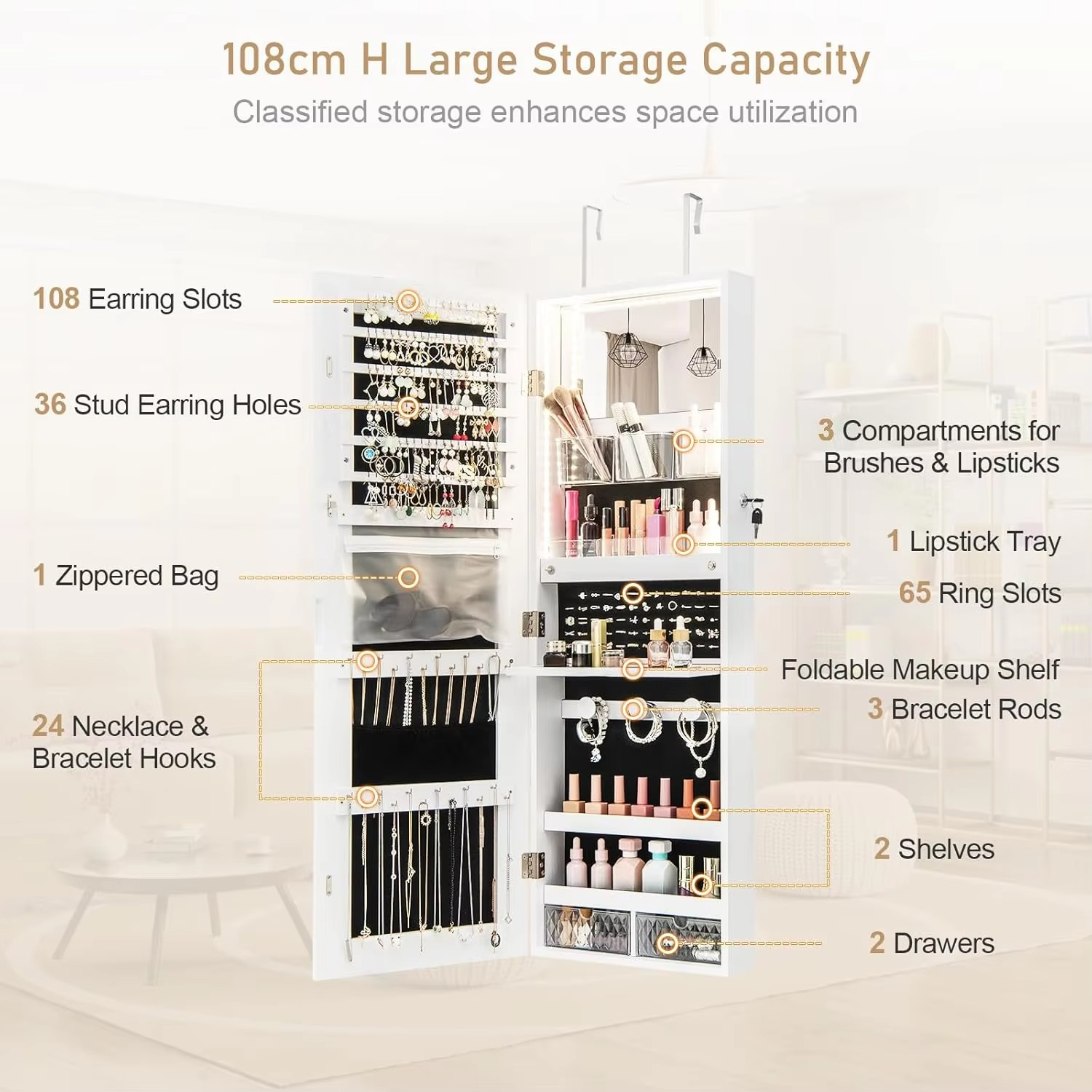 Mirror Jewelry Cabinet, Wall/Door Mounted Lockable Jewelry Armoire Organizer w/Full-Length Mirror, Built-in Mirror & Lights, Fol